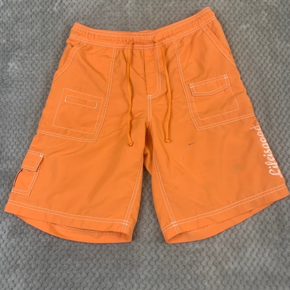Life Is Good Mens Orange Board Shorts Swim Trunks Cargo Pockets Size Small